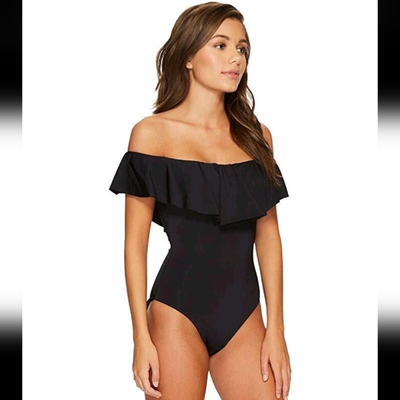 Trina Turk Other - TRINA TURK 6 Off The Shoulder Ruffle One Piece Swimsuit Black Flutter Sleeve 10